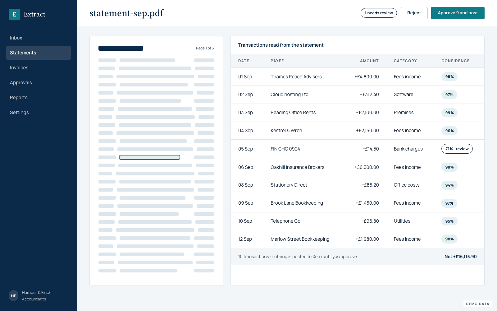 A bank statement beside the transactions read from it, each with a confidence rating.